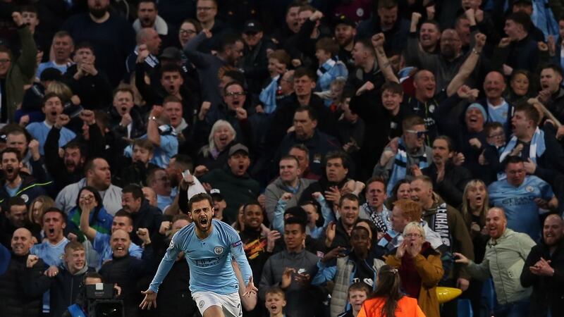 Manchester City’s Bernado Silva celebrates scoring his side’s second goal during the Champions League quarter-final second leg match against  Tottenham Hotspur at the Etihad Stadium. Photograph: Nigel Roddis/EPA