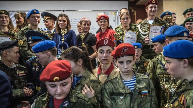 An award ceremony for a patriotic club in Vladimir, Russia. Students from around the country competed in activities like map-reading and shooting. Photograph: Sergey Ponomarev/ The New York Times