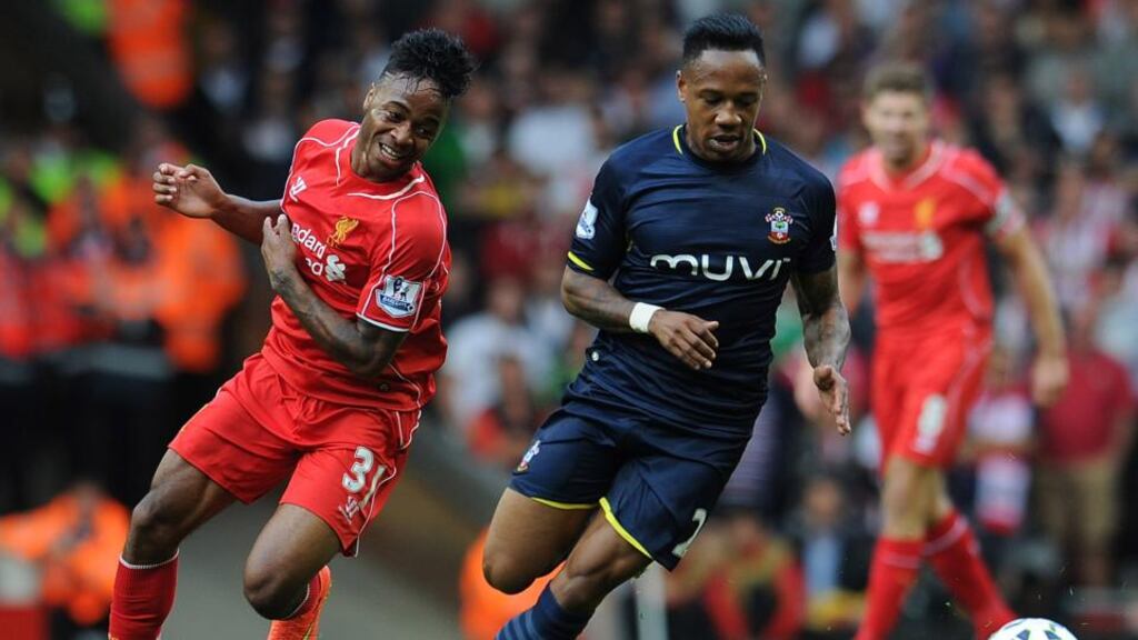 Liverpool’s Raheem Sterling and Nathaniel Clyne of Southampton compete during last season’s Premier League clash at Anfield. Photograph: Getty Images.