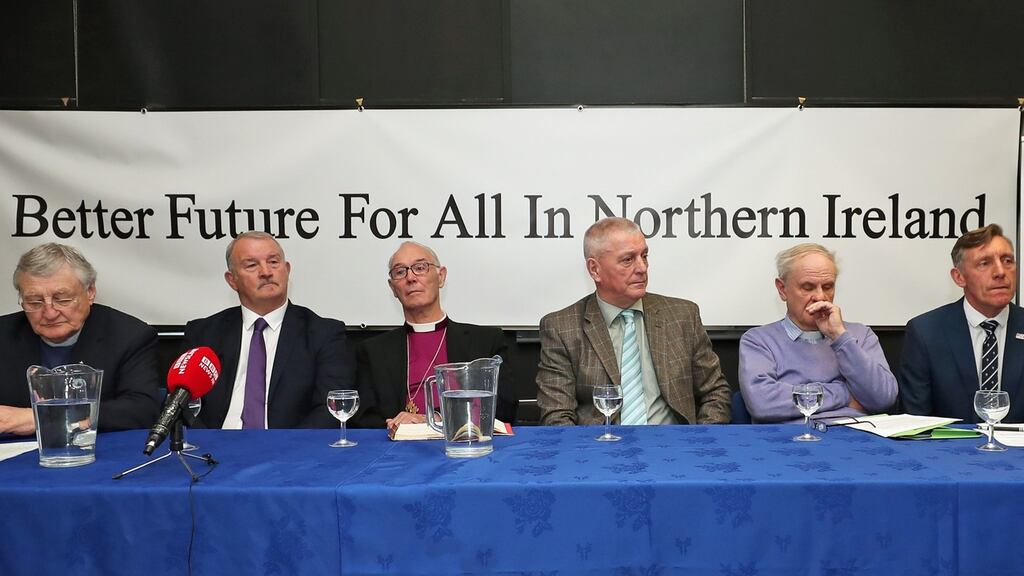 (left to right) Reverend Harold Good, Jim Wilson, Archbishop Alan Harper, Jackie McDonald, Reverend Norman Hamilton and Dr William Mitchell at Linenhall Library, Belfast on Monday, where a Loyalist Declaration of Transformation was announced. Photograph:  Niall Carson/PA Wire