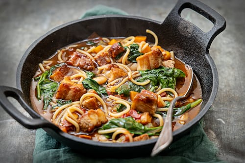 Mark Moriarty’s recipe for minestrone-style stew with slow-cooked pork belly