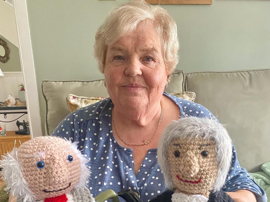 Susan Banks aka Not Just Hats with her Michael Tea Higgins tea cosy and her new design, the Catherine Connolly Tea Cosy