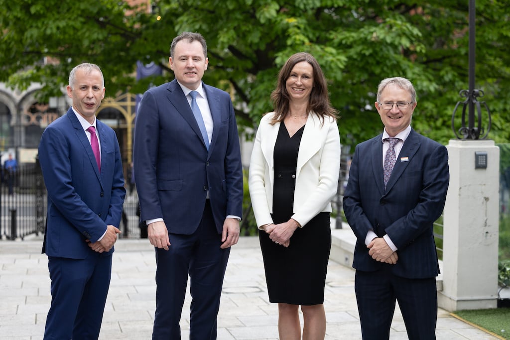 Prof Donagh Berry, director of the VistaMilk SFI Research Centre; Charlie McConalogue, Minister for Agriculture, Food and the Marine; Dr Siobhan Roche, director of science for the economy at Science Foundation Ireland; and Prof Frank O’Mara, director of Teagasc, pictured at the May 2024 announcement of phase two funding for four SFI research centres