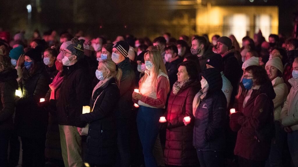 Students, staff and members of the public attend the evening of remembrance for Ashling Murphy at Mary Immaculate College, Limerick, on Monday evening. Photograph: Eamon Ward