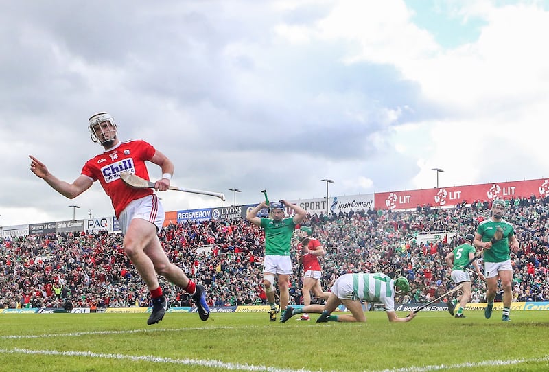 Patrick Horgan celebrates scoring a goal during a Munster Championship game against Limerick at the Gaelic Grounds in May 2019. Photograph: James Crombie/Inpho