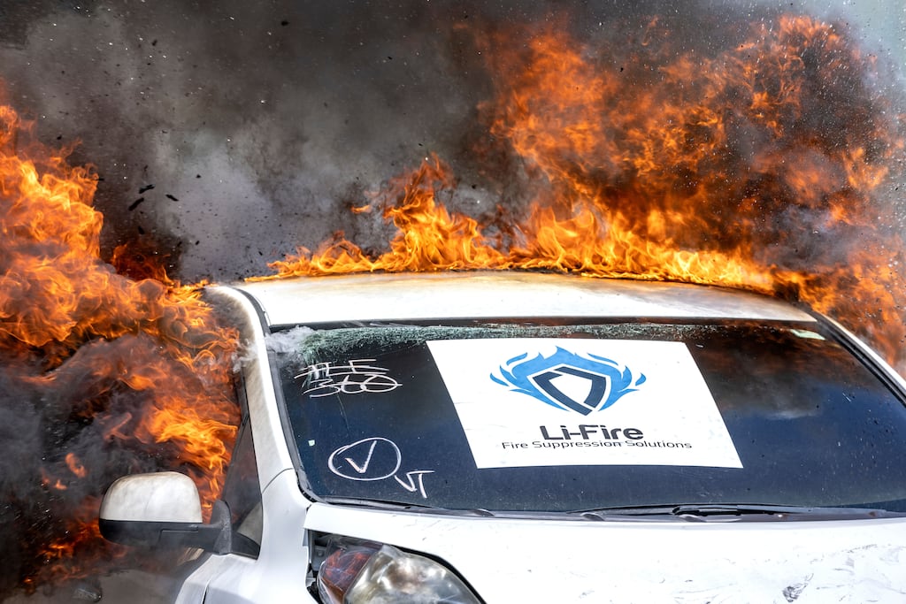 A lithium-ion battery-powered vehicle is burned during a Miami-Dade Fire Rescue training event in Miami, Florida in April 2023. Photograph: Cristobal Herrera-Ulashkevich/EPA