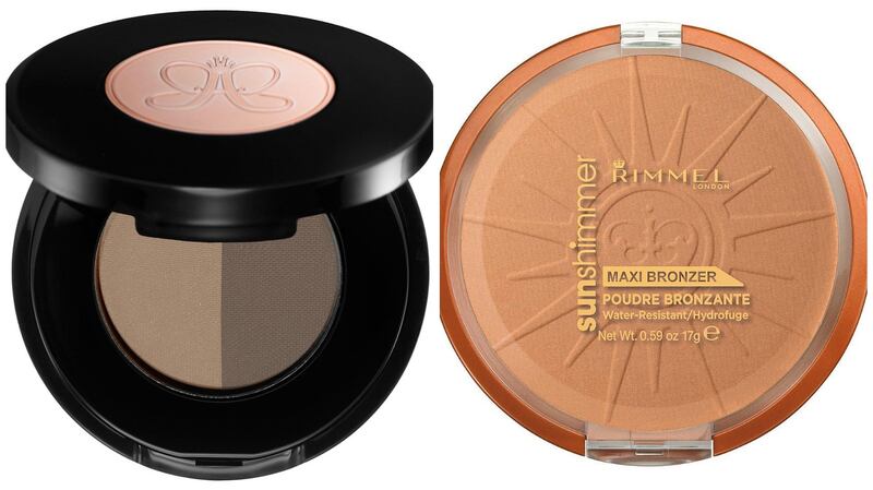Anastasia Beverly Hills brow powder duo in taupe, €20, sephora.com; Rimmel Sun Shimmer bronzer, €7.49, Boots