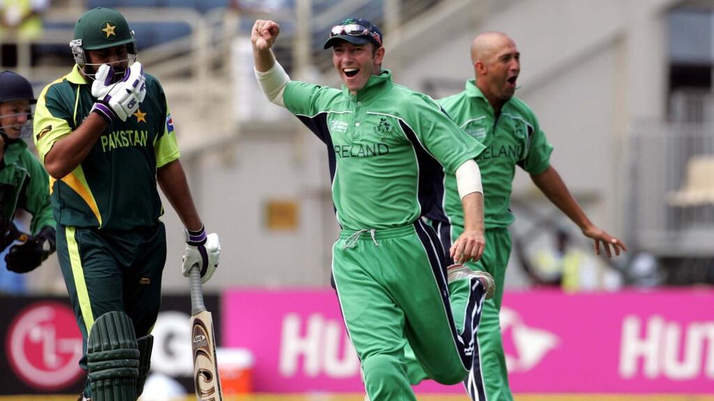Andrew White and Andre Botha celebrate the wicket of Inzmam-Ul-Haq during Ireland’s famous win over Pakistan in 2007. Photograph: Morgan Treacy/Inpho