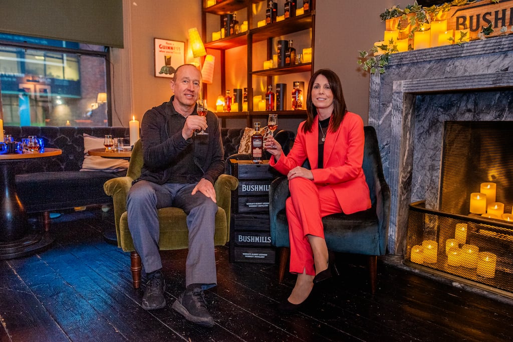 Ally Alpine (left) of Celtic Whiskey, with Bushmills master blender Alex Thomas. 'Flippers buy something the day it is released and try and sell it the next day when it’s sold out …They buy nearly all the limited editions,' says Alpine