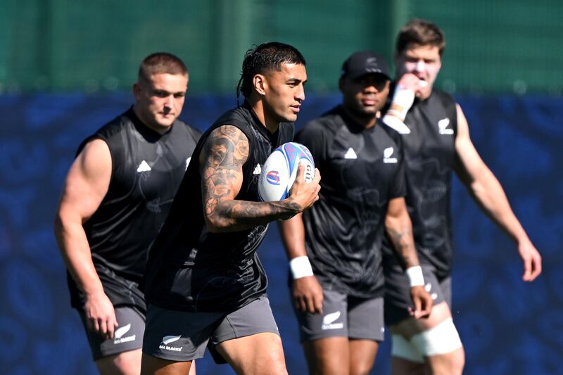 Rieko Ioane of the All Blacks runs through runs through drills ahead of their Rugby World Cup. Photograph: Hannah Peters/Getty