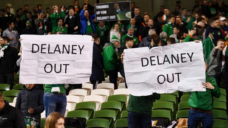 Fans attending the Euro 2020 qualifier between the Republic of Ireland v Georgia protest against John Delaney. Photograph: Reuters
