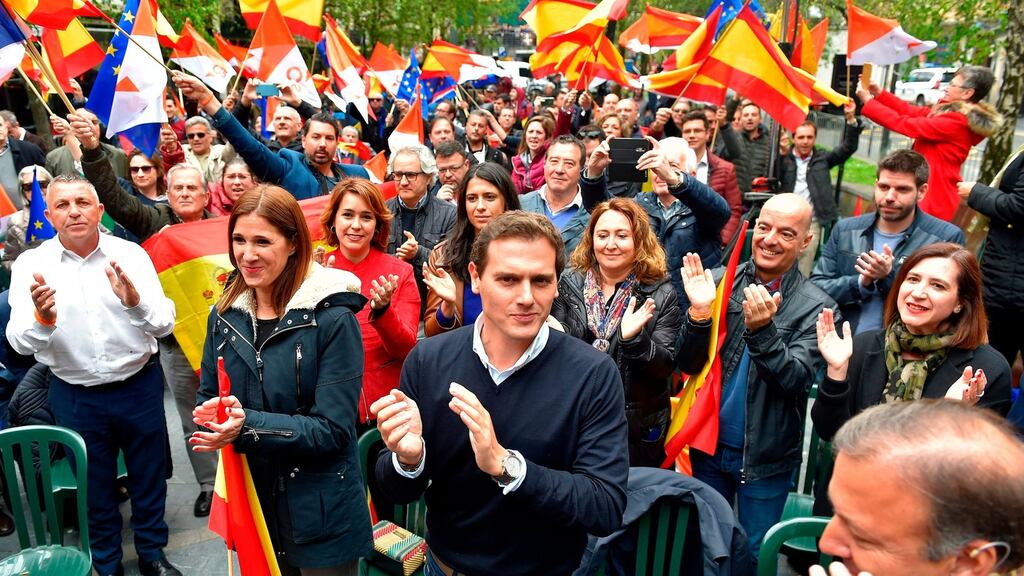 Spanish centre-right Ciudadanos party leader Albert Rivera, centre, at a campaign rally in the Spanish Basque city of Renteria on Sunday ahead of the April 28th general elections. Photograph: Ander Gillenea/AFP/Getty Images