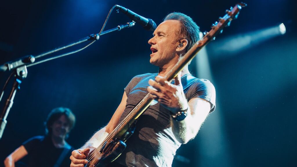 A handout image provided by the Bataclan managment shows British musician Sting during his concert at the newly reopened Bataclan concert venue in Paris, France on Saturday. Photograph: EPA
