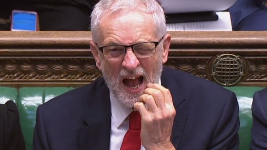 Labour leader Jeremy Corbyn listens to British prime minister Theresa May’s   statement on Brexit in the House of Commons on Tuesday. Photograph: Ho/AFP/Getty Images