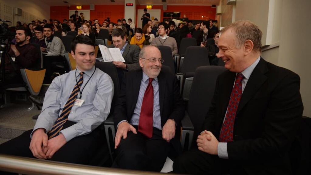 From left: Conor Murray, a second-year economics student at Trinity College, Patrick Honohan, the governor of the Central Bank, and Paul Ormerod, a lecturer at UCL, at the Trinity Economic Forum conference. Photograph: Alan Betson/The Irish Times