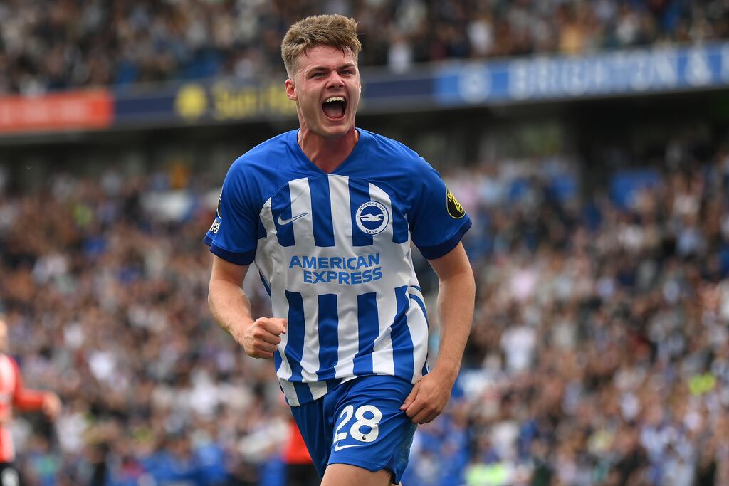 Evan Ferguson celebrates a goal against Luton Town. The young Brighton and Republic of Ireland striker is regarded as one of the outstanding prospects in the Premier League. Photograph: Mike Hewitt/Getty Images