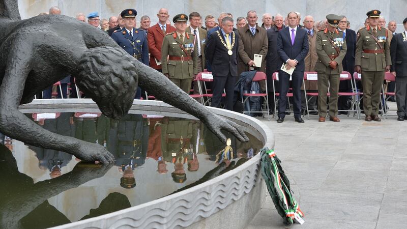 The Ceremony in the Garden of Remembrance was attended by the Lord Mayor of Dublin, Councillor Brendan Carr, the Minister with Responsibility for Defence Mr Paul Kehoe, TD, the deputy chief of staff of the Defence Forces, Major General Kieran Brennan, representatives of Veterans’ Associations and the Alliance of Retired Civil Servants, Gardaí and politicians from the various Political Parties. Photograph: Alan Betson / The Irish Times
