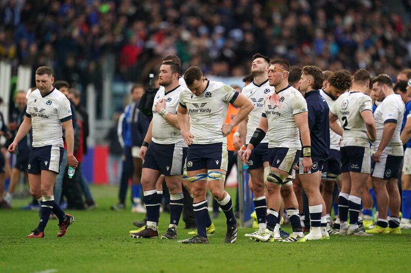 Scotland players dejected after their defeat to Italy at Stadio Olimpico in Rome. Photograph: Adam Davy/PA Wire