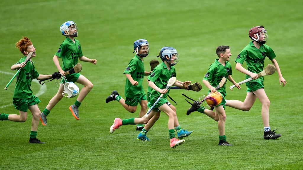 Seán Hanley (left) and his Scoil Bhríde team-mates celebrate defeating Lios na nÓg in the Allianz Cumann na mBunscol finals at Croke Park in 2018. Photograph: Ramsey Cardy/Sportsfile