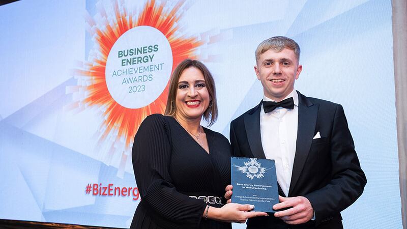 Katherine Valery, awards judge, presents the best energy achievement in manufacturing award to Jack Murphy, Thermo Fisher Scientific Cork