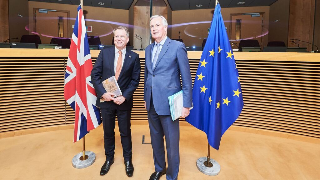 The UK’s lead negotiator on Brexit David Frost, left, with his EU counterpart Michel Barnier. Frost’s appointment as national security adviser has raised concerns that Britain is set on a course towards a no-deal Brexit. Photograph: Dati Bendo/EU/PA Wire