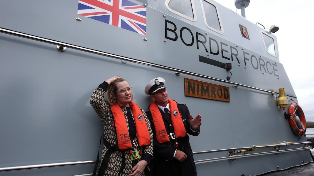 Home secretary Amber Rudd on board a coastal patrol vessel called Nimrod. Photograph: Andrew Milligan/PA
