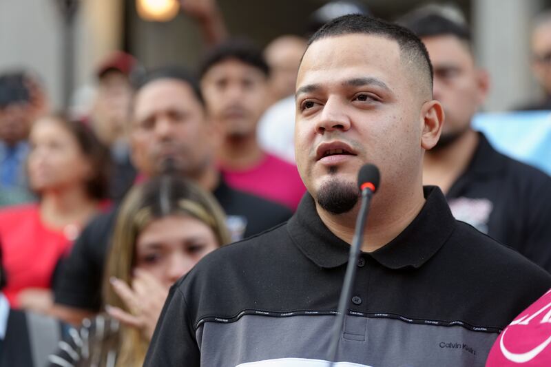 Kilmar Abrego Garcia speaks to supporters on Monday morning. Photograph: Tierney L Cross/The New York Times