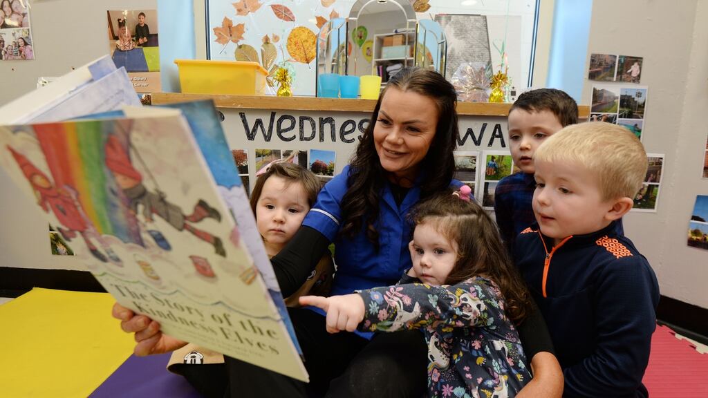 Manager, Eilish Balfe, with children Siabhe, Minnie, Hary and Jack at Happy Days pre-school in Ratoath, reading The Story of the Kindness Elves. Photograph: Alan Betson/The Irish Times