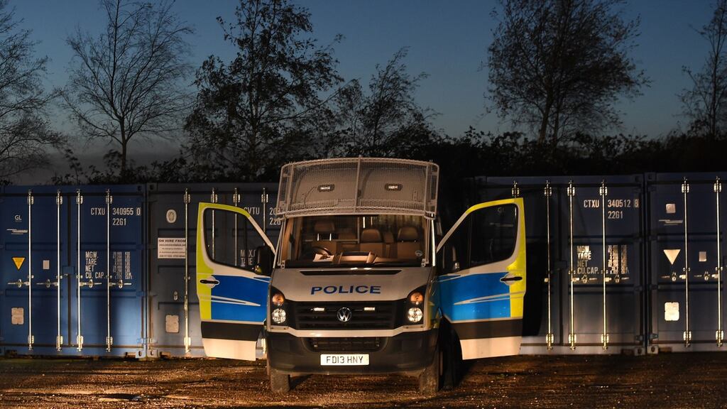 Police guard a storage container in Diseworth as they search for Kayleigh Haywood. Photograph: Joe Giddens/PA Wire