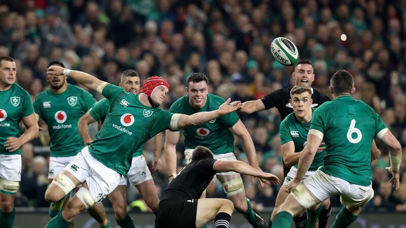 Ireland’s Josh van der Flier reaches for the ball during the autumn international against New Zealand at the Aviva stadium. Photograph: Billy Stickland/Inpho