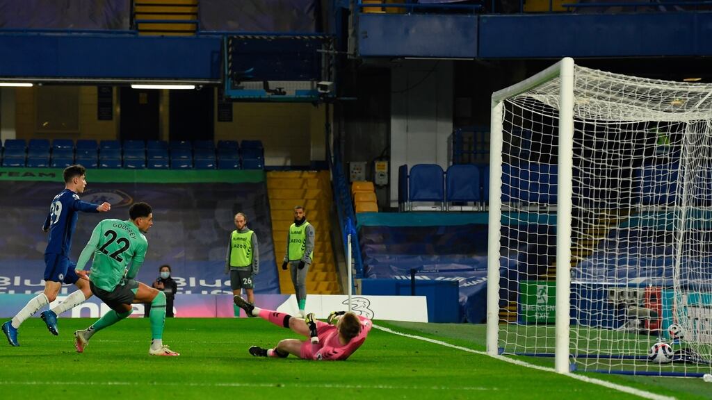 Ben Godfrey scores an own goal under pressure from Kai Havertz. Photograph: Glyn Kirk/Getty/AFP