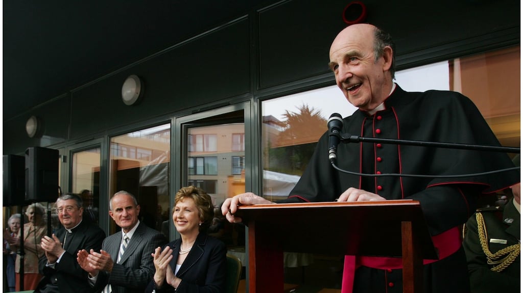 Msgr Tom Stack with former president Mary McAleese, Dr Martin McAleese and Archbishop Diarmiud Martin, in 2008. Photograph: Bryan O’Brien