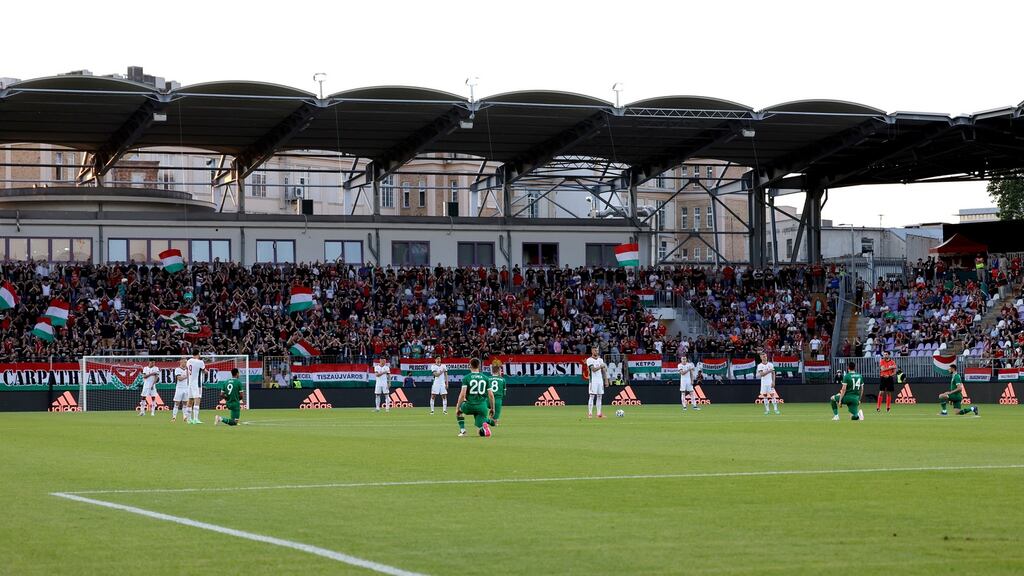 Ireland players take the knee ahead of their draw with Hungary in Budapest. Photograph: Laszlo Szirtesi/Getty