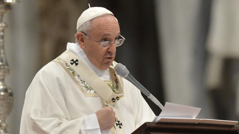 Pope Francis speaks during Chrism mass for Holy Thursday (Maundy Thursday) at St Peter’s Basilica in the Vatican. Photograph: AFP/Getty Images