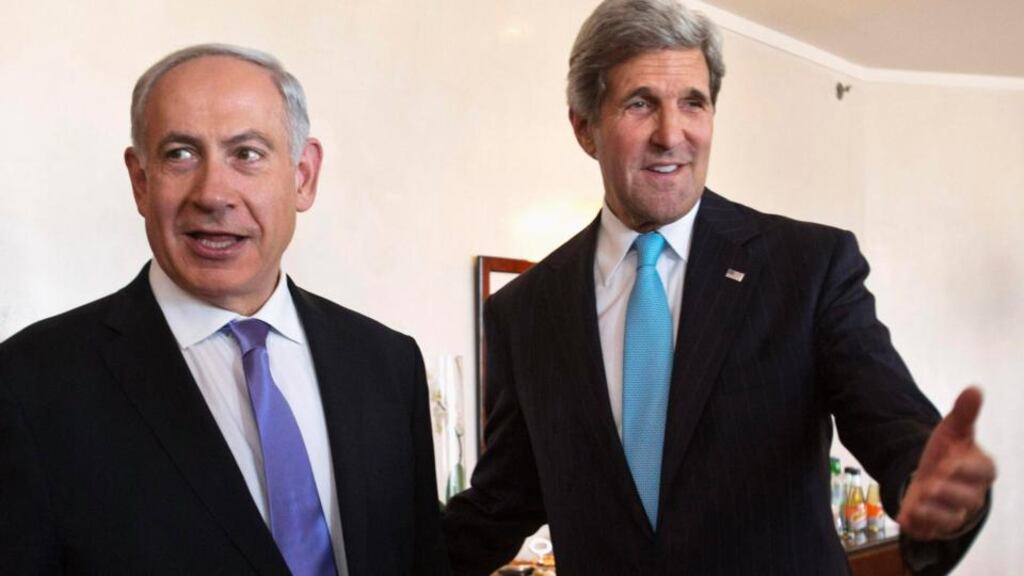 US secretary of state John Kerry gestures as he meets Israeli prime minister Binyamin Netanyahu in Jerusalem yesterday. After seeing Palestinian president Mahmoud Abbas in Jordan, Kerry travelled to Jerusalem for evening talks with Netanyahu – a meeting that had been originally expected today. Photograph: Reuters/Jacquelyn Martin