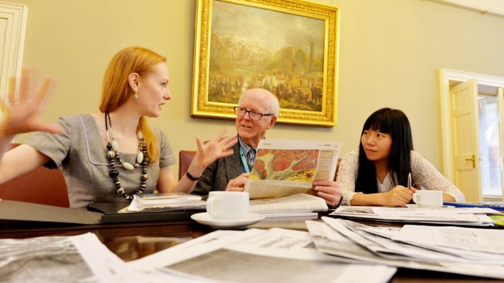 Writer Martina Devlin, facilitator Ciaran Carty and author Xiaolu Guo judging the 44th Hennessy literary awards. Photograph: Alan Betson