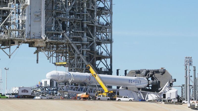 The Space X Falcon9 rocket being  readied for launch on Saturday at the Kennedy Space Center in Cape Canaveral, Florida. Photograph: Red Huber/Orlando Sentinel via AP