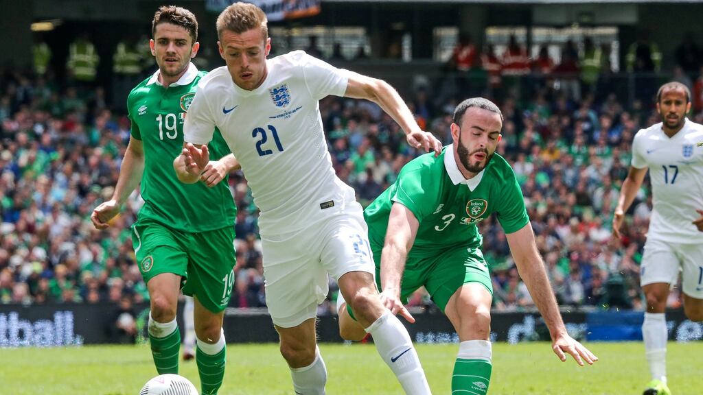 The Republic of Ireland’s Marc Wilson with England debutant Jamie Vardy during the 0-0 draw at the Aviva Stadium in June, 2015. Photograph: Gary Carr/Inpho