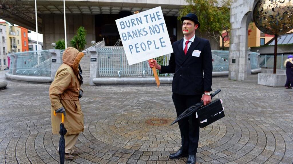 "Ivor Bailout" a Halloween zombie protester, outside the Central Bank last year Photograph: Eric Luke / THE IRISH TIMES