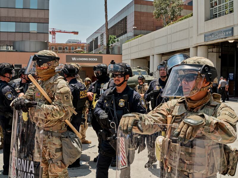 Members of the federal protective service and California national guard in Los Angeles. Photograph: Philip Cheung/New York Times