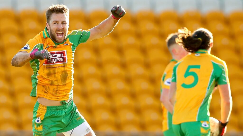 Corofin’s Michael Lundy celebrates the Connacht champions’ All-Ireland club semi-final victory over Moorefield at O’Connor Park, Tullamore. Photograph: James Crombie/Inpho