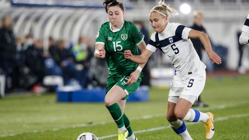 Lucy Quinn’s cross set up Ireland’s winner against Finland in Helsinki. Photograph: Kalle Parkkinen/Inpho