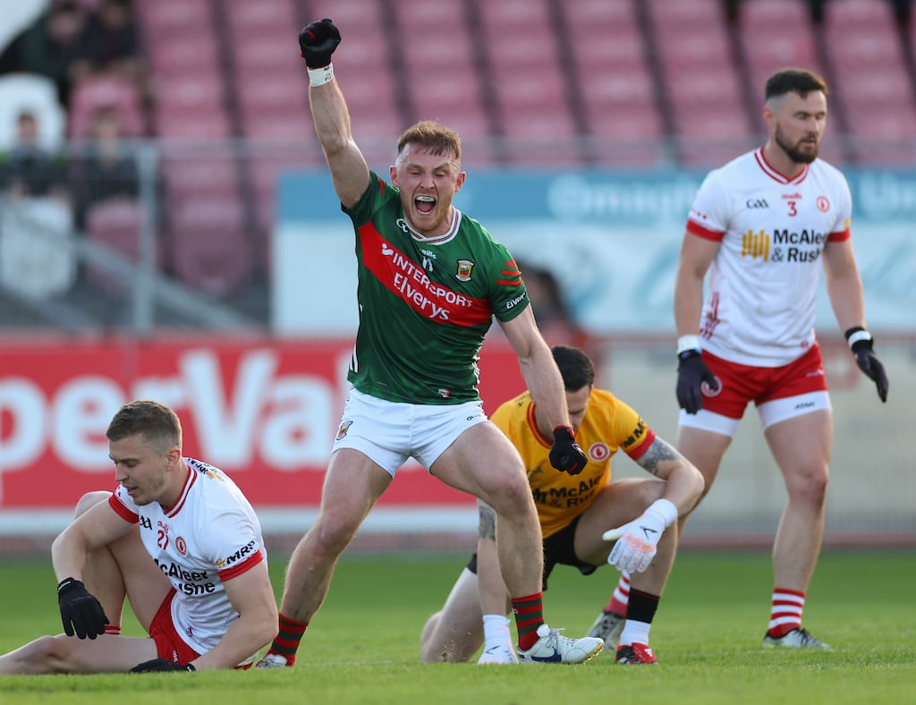 Darren McHale celebrates scoring Mayo's first goal. Photograph: James Crombie/Inpho