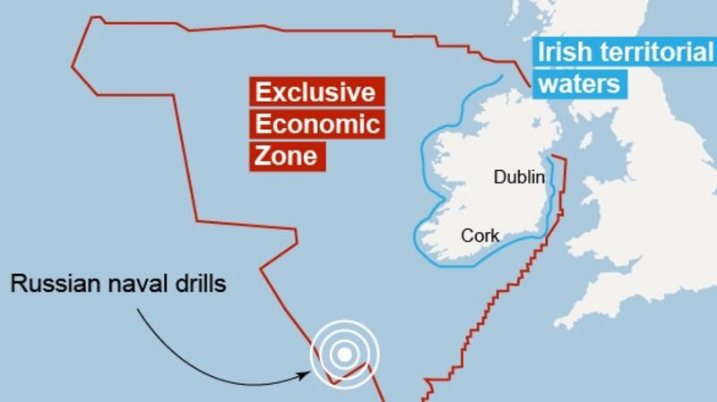 The naval drills are being undertaking outside Ireland’s sea territory but within the State’s exclusive economic zone (EEZ) about 240km off the coast of west Cork
