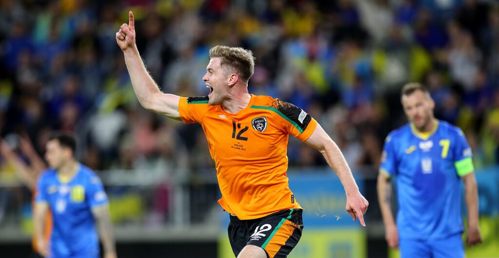 Ireland’s Nathan Collins celebrates scoring his side's first goal in the Nations League game against Ukraine in Lodz, Poland back in June. Photograph: Ryan Byrne/Inpho