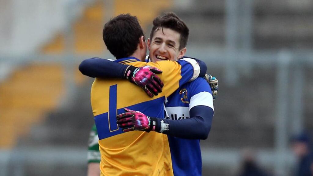 Hugh Gill (right) celebrates St Vincent’s Leinster club final victory over Portlaoise with goalkeeper Michael Savage. Photograph: Donall Farmer/Inpho