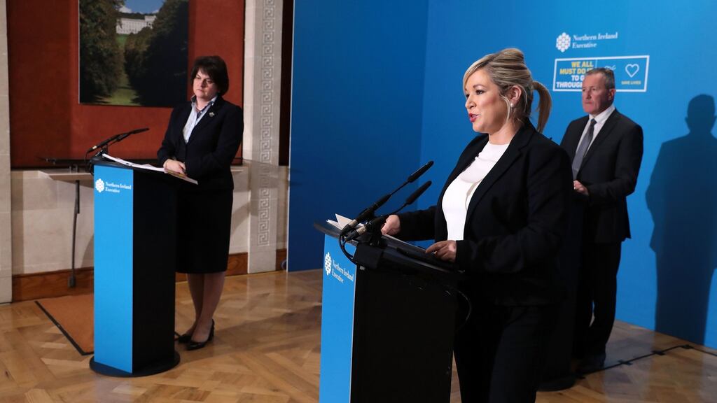 First Minister Arlene Foster, Finance Minister Conor Murphy and deputy First Minister Michelle O’Neill at a press conference in Parliament Buildings, Stormont on the latest coronavirus situation. Photograph: PA Wire