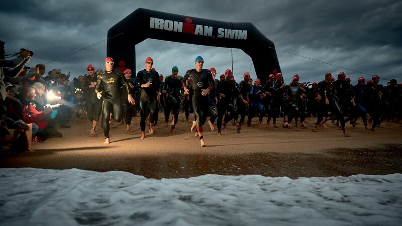 Pro male athletes start the swimming course of the Ironman Barcelona in Calella, near Barcelona, Spain. Photograph: Gonzalo Arroyo Moreno/Getty Images