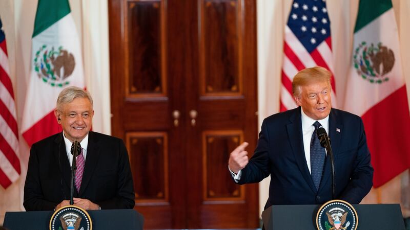 US President Donald Trump and Andres Manuel Lopez Obrador, Mexico’s president. Photograph: Anna Moneymaker/New York Times/Bloomberg
