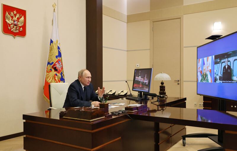 Russian president Vladimir Putin before a ceremony to launch the Admiral Gorshkov frigate. Photograph: Mikhail Klimentyev/AFP